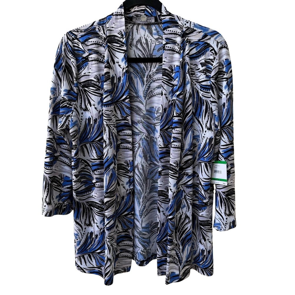 Kasper Coastal Mod Resortwear Tropical Leaf Print Open Front Cardigan Blue L NEW